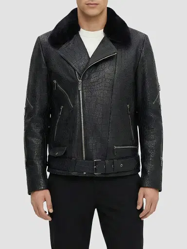 Gorski Men's Nappa Leather Croco Embossed Biker Jacket with Detachable Shearling Lamb Collar - Black | Thumbnail 3 Gorski Men's Nappa Leather Croco Embossed Biker Jacket with Detachable Shearling Lamb Collar - Black | Thumbnail 3
