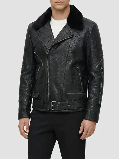 Gorski Men's Nappa Leather Croco Embossed Biker Jacket with Detachable Shearling Lamb Collar - Black | Thumbnail 4 Gorski Men's Nappa Leather Croco Embossed Biker Jacket with Detachable Shearling Lamb Collar - Black | Thumbnail 4