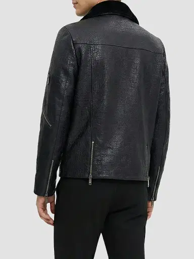 Gorski Men's Nappa Leather Croco Embossed Biker Jacket with Detachable Shearling Lamb Collar - Black | Thumbnail 5 Gorski Men's Nappa Leather Croco Embossed Biker Jacket with Detachable Shearling Lamb Collar - Black | Thumbnail 5