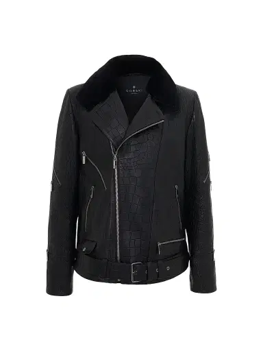 Gorski Men's Nappa Leather Croco Embossed Biker Jacket with Detachable Shearling Lamb Collar - Black | Thumbnail 1 Gorski Men's Nappa Leather Croco Embossed Biker Jacket with Detachable Shearling Lamb Collar - Black | Thumbnail 1