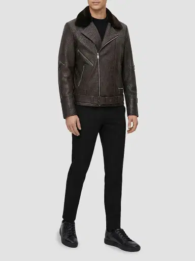Gorski Men's Nappa Leather Croco Embossed Biker Jacket with Detachable Shearling Lamb Collar - Brown | Thumbnail 2 Gorski Men's Nappa Leather Croco Embossed Biker Jacket with Detachable Shearling Lamb Collar - Brown | Thumbnail 2