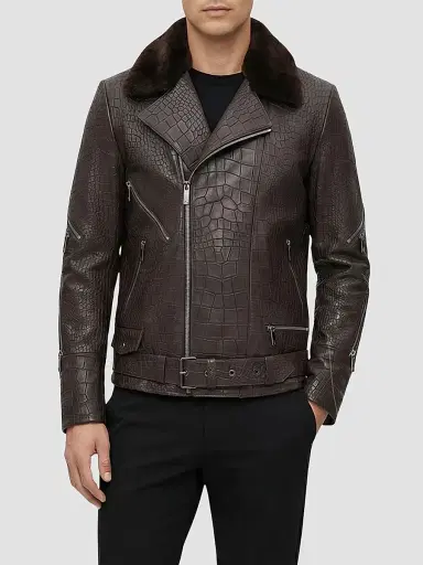 Gorski Men's Nappa Leather Croco Embossed Biker Jacket with Detachable Shearling Lamb Collar - Brown | Thumbnail 3 Gorski Men's Nappa Leather Croco Embossed Biker Jacket with Detachable Shearling Lamb Collar - Brown | Thumbnail 3