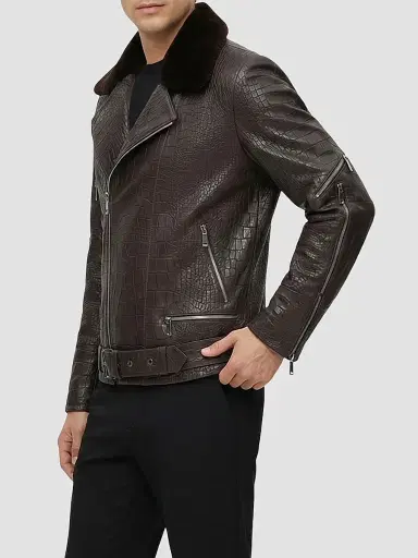Gorski Men's Nappa Leather Croco Embossed Biker Jacket with Detachable Shearling Lamb Collar - Brown | Thumbnail 4 Gorski Men's Nappa Leather Croco Embossed Biker Jacket with Detachable Shearling Lamb Collar - Brown | Thumbnail 4