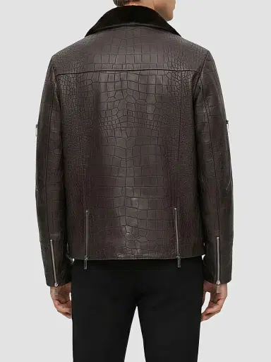 Gorski Men's Nappa Leather Croco Embossed Biker Jacket with Detachable Shearling Lamb Collar - Brown | Thumbnail 5 Gorski Men's Nappa Leather Croco Embossed Biker Jacket with Detachable Shearling Lamb Collar - Brown | Thumbnail 5
