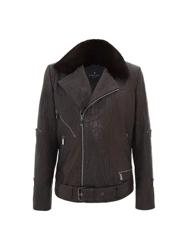 Gorski Men's Nappa Leather Croco Embossed Biker Jacket with Detachable Shearling Lamb Collar - Brown | Thumbnail 1 Gorski Men's Nappa Leather Croco Embossed Biker Jacket with Detachable Shearling Lamb Collar - Brown | Thumbnail 1