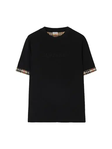 Burberry Men's Ryan Check-Cuff Cotton Crewneck T-Shirt - Black | Thumbnail 1 Burberry Men's Ryan Check-Cuff Cotton Crewneck T-Shirt - Black | Thumbnail 1