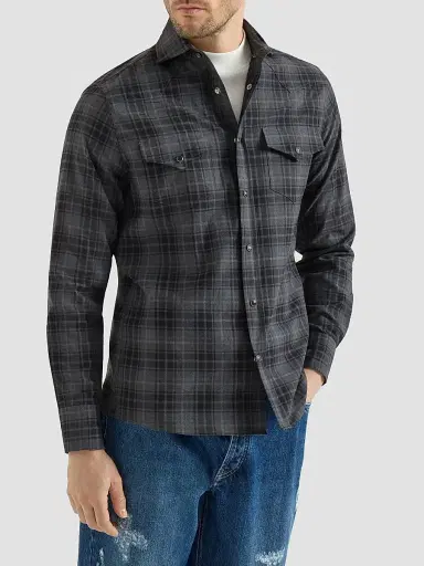Brunello Cucinelli Men's Cotton Madras Western Shirt | Thumbnail 3 Brunello Cucinelli Men's Cotton Madras Western Shirt | Thumbnail 3