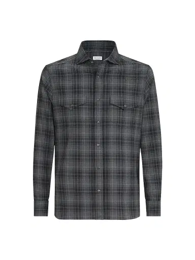 Brunello Cucinelli Men's Cotton Madras Western Shirt | Thumbnail 1 Brunello Cucinelli Men's Cotton Madras Western Shirt | Thumbnail 1
