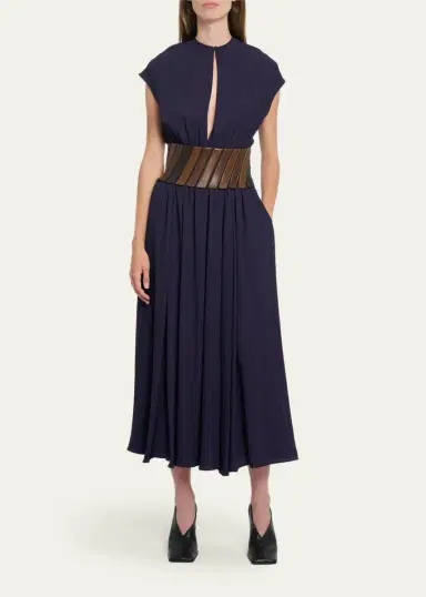 ALAIA Leather Belted Cap-Sleeve Midi Dress | Thumbnail 2 ALAIA Leather Belted Cap-Sleeve Midi Dress | Thumbnail 2