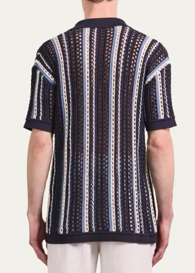 Frescobol Carioca Men's Striped Short-Sleeve Crochet Cardigan | Thumbnail 3 Frescobol Carioca Men's Striped Short-Sleeve Crochet Cardigan | Thumbnail 3