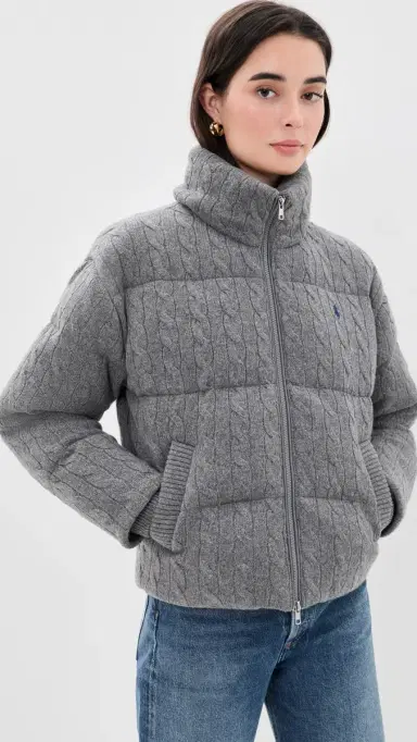 Polo Ralph Lauren Cable Knit Wool Cashmere Puffer Jacket Flannel Grey Heather | Thumbnail 2 Polo Ralph Lauren Cable Knit Wool Cashmere Puffer Jacket Flannel Grey Heather | Thumbnail 2