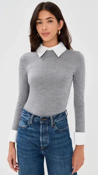 Alice + Olivia Porla Collared Sweater Medium Heather Grey | Thumbnail 2 Alice + Olivia Porla Collared Sweater Medium Heather Grey | Thumbnail 2