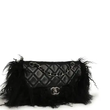 Chanel Pre-owned Chanel Medium "Tibet" Flap Bag & Mini Flap Bag Charm Black Lambskin, Goat Fur Silver Hardware | Thumbnail 2 Chanel Pre-owned Chanel Medium "Tibet" Flap Bag & Mini Flap Bag Charm Black Lambskin, Goat Fur Silver Hardware | Thumbnail 2