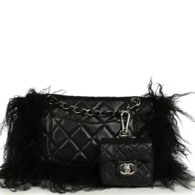 Chanel Pre-owned Chanel Medium "Tibet" Flap Bag & Mini Flap Bag Charm Black Lambskin, Goat Fur Silver Hardware | Thumbnail 4 Chanel Pre-owned Chanel Medium "Tibet" Flap Bag & Mini Flap Bag Charm Black Lambskin, Goat Fur Silver Hardware | Thumbnail 4