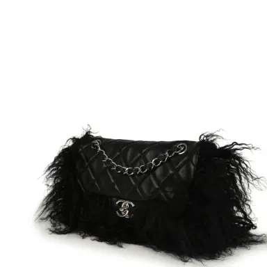 Chanel Pre-owned Chanel Medium "Tibet" Flap Bag & Mini Flap Bag Charm Black Lambskin, Goat Fur Silver Hardware | Thumbnail 5 Chanel Pre-owned Chanel Medium "Tibet" Flap Bag & Mini Flap Bag Charm Black Lambskin, Goat Fur Silver Hardware | Thumbnail 5