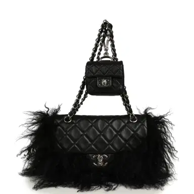 Chanel Pre-owned Chanel Medium "Tibet" Flap Bag & Mini Flap Bag Charm Black Lambskin, Goat Fur Silver Hardware | Thumbnail 10 Chanel Pre-owned Chanel Medium "Tibet" Flap Bag & Mini Flap Bag Charm Black Lambskin, Goat Fur Silver Hardware | Thumbnail 10