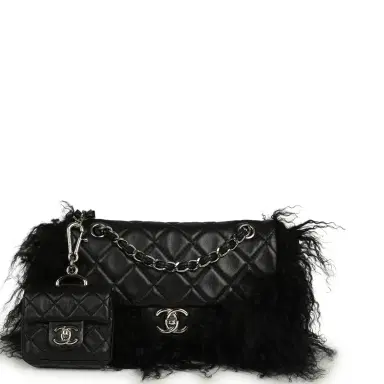 Chanel Pre-owned Chanel Medium "Tibet" Flap Bag & Mini Flap Bag Charm Black Lambskin, Goat Fur Silver Hardware | Thumbnail 1 Chanel Pre-owned Chanel Medium "Tibet" Flap Bag & Mini Flap Bag Charm Black Lambskin, Goat Fur Silver Hardware | Thumbnail 1