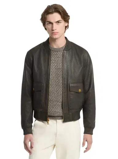 Michael Kors Collection Pebbled Leather Bomber Jacket in Brown | Thumbnail 1 Michael Kors Collection Pebbled Leather Bomber Jacket in Brown | Thumbnail 1