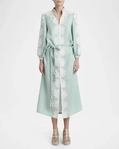 Valentino Garavani Floral Embroidered Linen Belted Midi Dress | Thumbnail 2 Valentino Garavani Floral Embroidered Linen Belted Midi Dress | Thumbnail 2