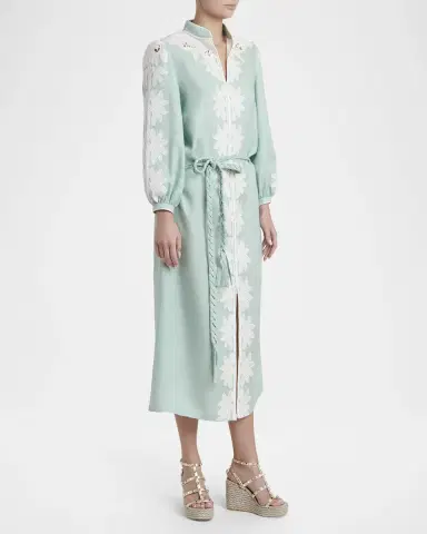 Valentino Garavani Floral Embroidered Linen Belted Midi Dress | Thumbnail 4 Valentino Garavani Floral Embroidered Linen Belted Midi Dress | Thumbnail 4