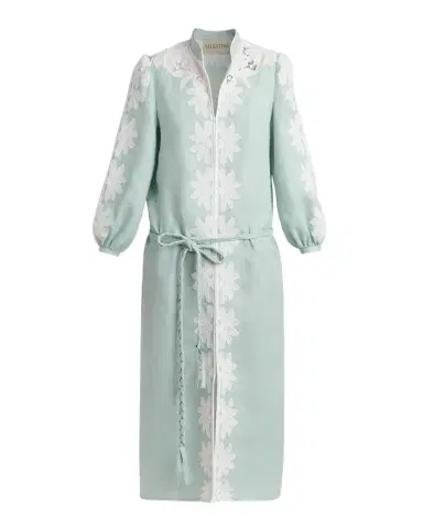 Valentino Garavani Floral Embroidered Linen Belted Midi Dress | Thumbnail 1 Valentino Garavani Floral Embroidered Linen Belted Midi Dress | Thumbnail 1