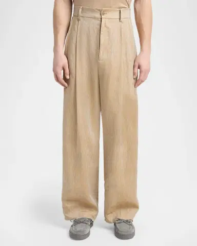 Giorgio Armani Men's Linen Oversized Straight-Leg Pleated Pants | Thumbnail 4 Giorgio Armani Men's Linen Oversized Straight-Leg Pleated Pants | Thumbnail 4