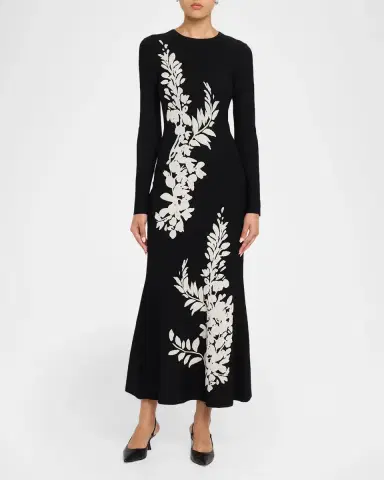 Lela Rose Velvet Jacquard Knit Long-Sleeve Ankle Dress | Thumbnail 2 Lela Rose Velvet Jacquard Knit Long-Sleeve Ankle Dress | Thumbnail 2