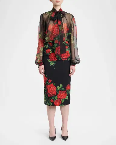 Dolce & Gabbana Rose-Print Silk Chiffon Bow-Neck Blouse | Thumbnail 2 Dolce & Gabbana Rose-Print Silk Chiffon Bow-Neck Blouse | Thumbnail 2