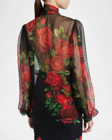 Dolce & Gabbana Rose-Print Silk Chiffon Bow-Neck Blouse | Thumbnail 3 Dolce & Gabbana Rose-Print Silk Chiffon Bow-Neck Blouse | Thumbnail 3