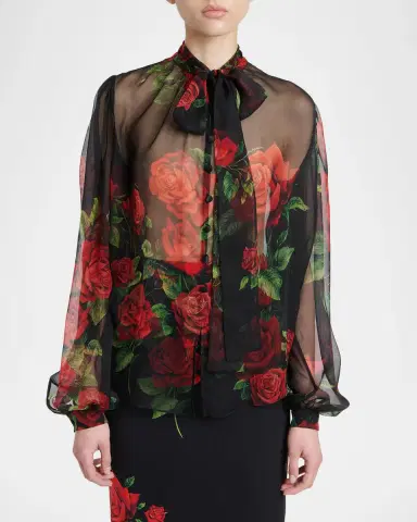 Dolce & Gabbana Rose-Print Silk Chiffon Bow-Neck Blouse | Thumbnail 4 Dolce & Gabbana Rose-Print Silk Chiffon Bow-Neck Blouse | Thumbnail 4