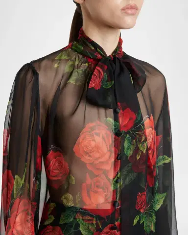 Dolce & Gabbana Rose-Print Silk Chiffon Bow-Neck Blouse | Thumbnail 5 Dolce & Gabbana Rose-Print Silk Chiffon Bow-Neck Blouse | Thumbnail 5