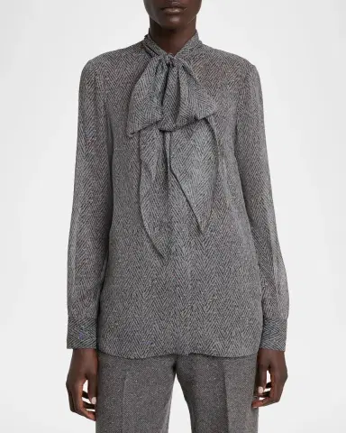 Gabriela Hearst Shildon Herringbone Silk Bow Button-Down Top | Thumbnail 4 Gabriela Hearst Shildon Herringbone Silk Bow Button-Down Top | Thumbnail 4