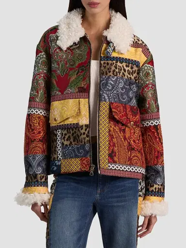 Alice + Olivia Women's Hudson Patchwork Jacquard & Sherpa Aviator Coat | Thumbnail 4 Alice + Olivia Women's Hudson Patchwork Jacquard & Sherpa Aviator Coat | Thumbnail 4