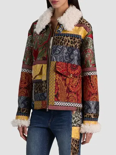 Alice + Olivia Women's Hudson Patchwork Jacquard & Sherpa Aviator Coat | Thumbnail 6 Alice + Olivia Women's Hudson Patchwork Jacquard & Sherpa Aviator Coat | Thumbnail 6