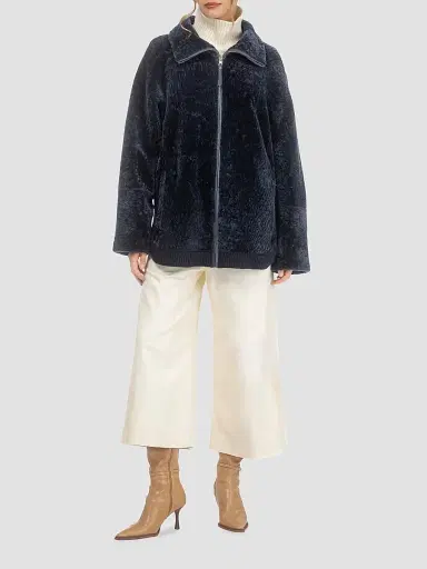 Gorski Women's Textured Shearling Lamb Zip Coat - Navy | Thumbnail 2 Gorski Women's Textured Shearling Lamb Zip Coat - Navy | Thumbnail 2