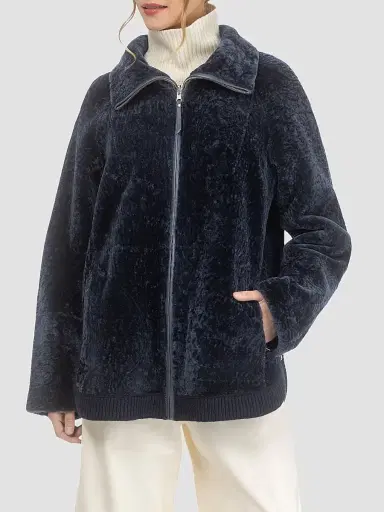 Gorski Women's Textured Shearling Lamb Zip Coat - Navy | Thumbnail 3 Gorski Women's Textured Shearling Lamb Zip Coat - Navy | Thumbnail 3
