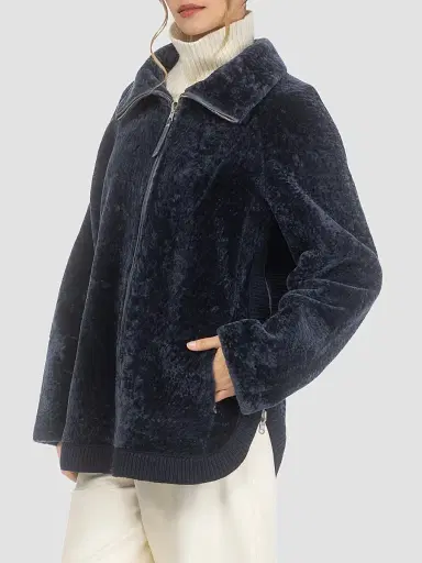 Gorski Women's Textured Shearling Lamb Zip Coat - Navy | Thumbnail 4 Gorski Women's Textured Shearling Lamb Zip Coat - Navy | Thumbnail 4