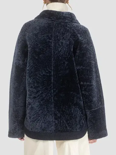 Gorski Women's Textured Shearling Lamb Zip Coat - Navy | Thumbnail 5 Gorski Women's Textured Shearling Lamb Zip Coat - Navy | Thumbnail 5