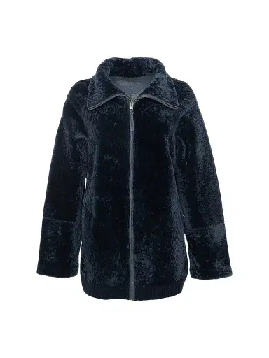 Gorski Women's Textured Shearling Lamb Zip Coat - Navy | Thumbnail 1 Gorski Women's Textured Shearling Lamb Zip Coat - Navy | Thumbnail 1