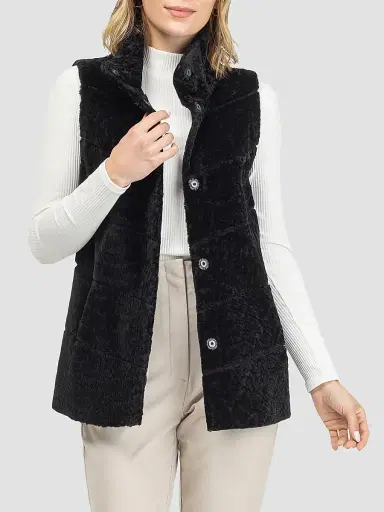 Gorski Women's Reversible Textured Shearling Lamb Vest - Black - Size Small | Thumbnail 3 Gorski Women's Reversible Textured Shearling Lamb Vest - Black - Size Small | Thumbnail 3