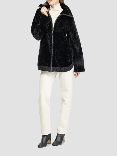 Gorski Women's Textured Shearling Lamb Zip Coat - Black | Thumbnail 2 Gorski Women's Textured Shearling Lamb Zip Coat - Black | Thumbnail 2