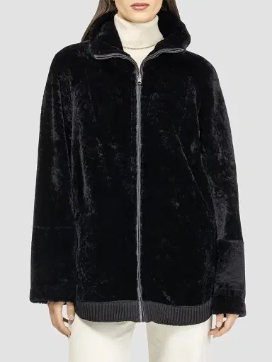 Gorski Women's Textured Shearling Lamb Zip Coat - Black | Thumbnail 3 Gorski Women's Textured Shearling Lamb Zip Coat - Black | Thumbnail 3