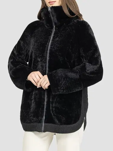 Gorski Women's Textured Shearling Lamb Zip Coat - Black | Thumbnail 4 Gorski Women's Textured Shearling Lamb Zip Coat - Black | Thumbnail 4