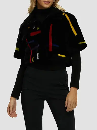 Gorski Women's Reversible Shearling Lamb Bolero with Cropped Sleeves - Black Multi - Size Medium | Thumbnail 3 Gorski Women's Reversible Shearling Lamb Bolero with Cropped Sleeves - Black Multi - Size Medium | Thumbnail 3