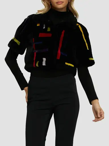 Gorski Women's Reversible Shearling Lamb Bolero with Cropped Sleeves - Black Multi - Size Medium | Thumbnail 4 Gorski Women's Reversible Shearling Lamb Bolero with Cropped Sleeves - Black Multi - Size Medium | Thumbnail 4