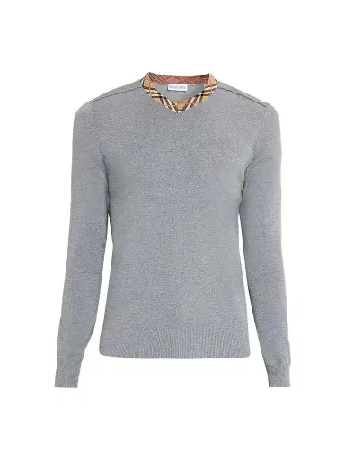 Burberry Men's Maxim Wool Check Collar Sweater - Grey | Thumbnail 1 Burberry Men's Maxim Wool Check Collar Sweater - Grey | Thumbnail 1