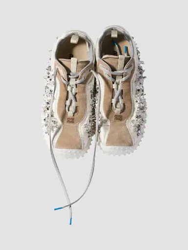 Miu Miu Women's Bubble Embroidered Technical Fabric and Suede Sneakers - Beige Khaki - Size 12 | Thumbnail 2 Miu Miu Women's Bubble Embroidered Technical Fabric and Suede Sneakers - Beige Khaki - Size 12 | Thumbnail 2