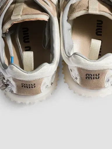 Miu Miu Women's Bubble Embroidered Technical Fabric and Suede Sneakers - Beige Khaki - Size 12 | Thumbnail 3 Miu Miu Women's Bubble Embroidered Technical Fabric and Suede Sneakers - Beige Khaki - Size 12 | Thumbnail 3