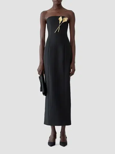 Carolina Herrera Women's Floral Brooch-Detailed Stretch Wool Gown - Black | Thumbnail 2 Carolina Herrera Women's Floral Brooch-Detailed Stretch Wool Gown - Black | Thumbnail 2