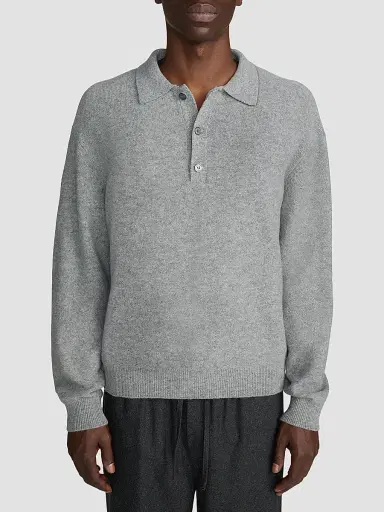 Frame Men's Boiled Wool Polo Sweater - Grey Melange | Thumbnail 4 Frame Men's Boiled Wool Polo Sweater - Grey Melange | Thumbnail 4